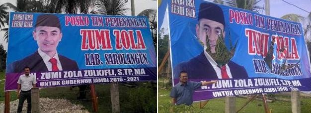 Inilah baleho milik Cagub Zumi Zola sebelum dan sesudah dirusak orang tak dikenal di Sarolangun